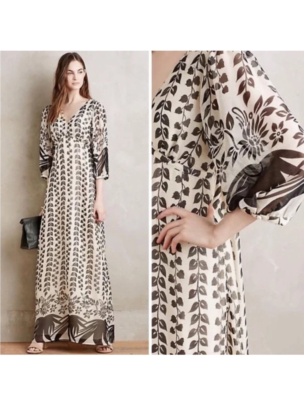 Maeve MAXI Dress Size 4P Short Sleeve Black White Silk V-Neck Side Zipper Long
